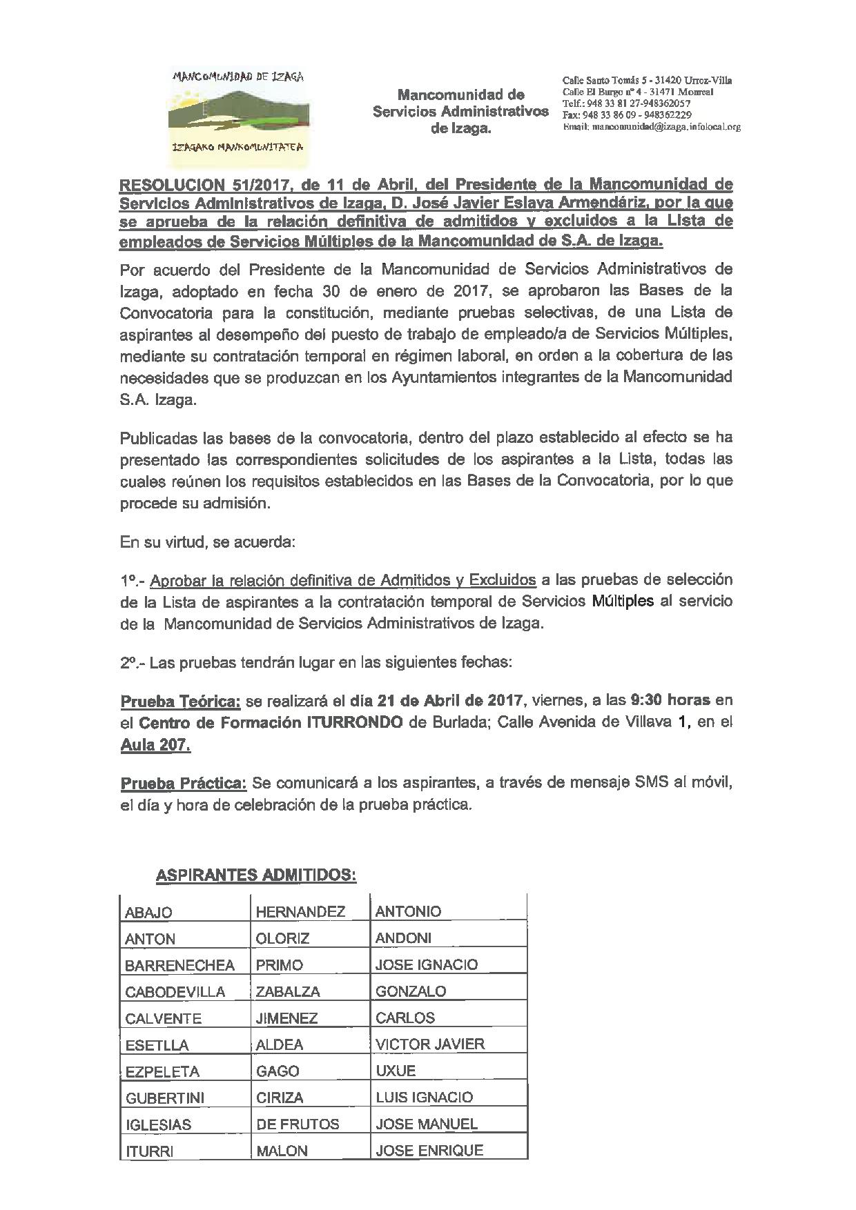 LISTA DE ASPIRANTES AL DESEMPEÑO DE PLAZA DE EMPLEADO DE SERVICIOS MULTIPLES