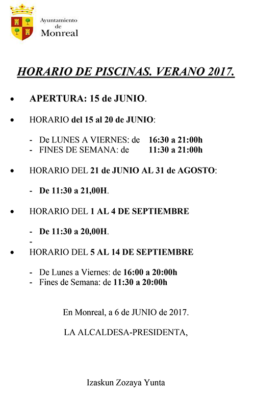 HORARIOS PISCINAS MONREAL 2017