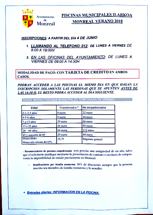 Abonos piscina Monreal 2018 Abonos piscina Monreal 2018