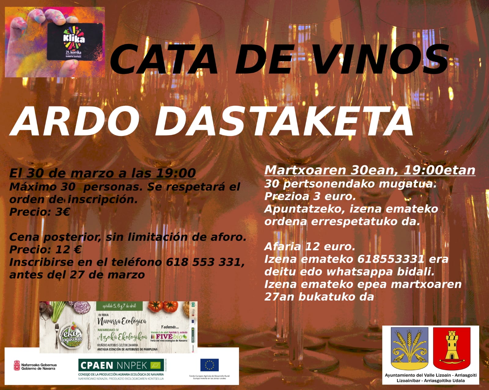 KORRIKA Lizoain-Arriasgoiti «Cata de vinos»/»Ardo dastaketa» Lizoainibar-Arriasgoitin, KORRIKA KORRIKA Lizoain-Arriasgoiti «Cata de vinos»/»Ardo dastaketa» Lizoainibar-Arriasgoitin, KORRIKA