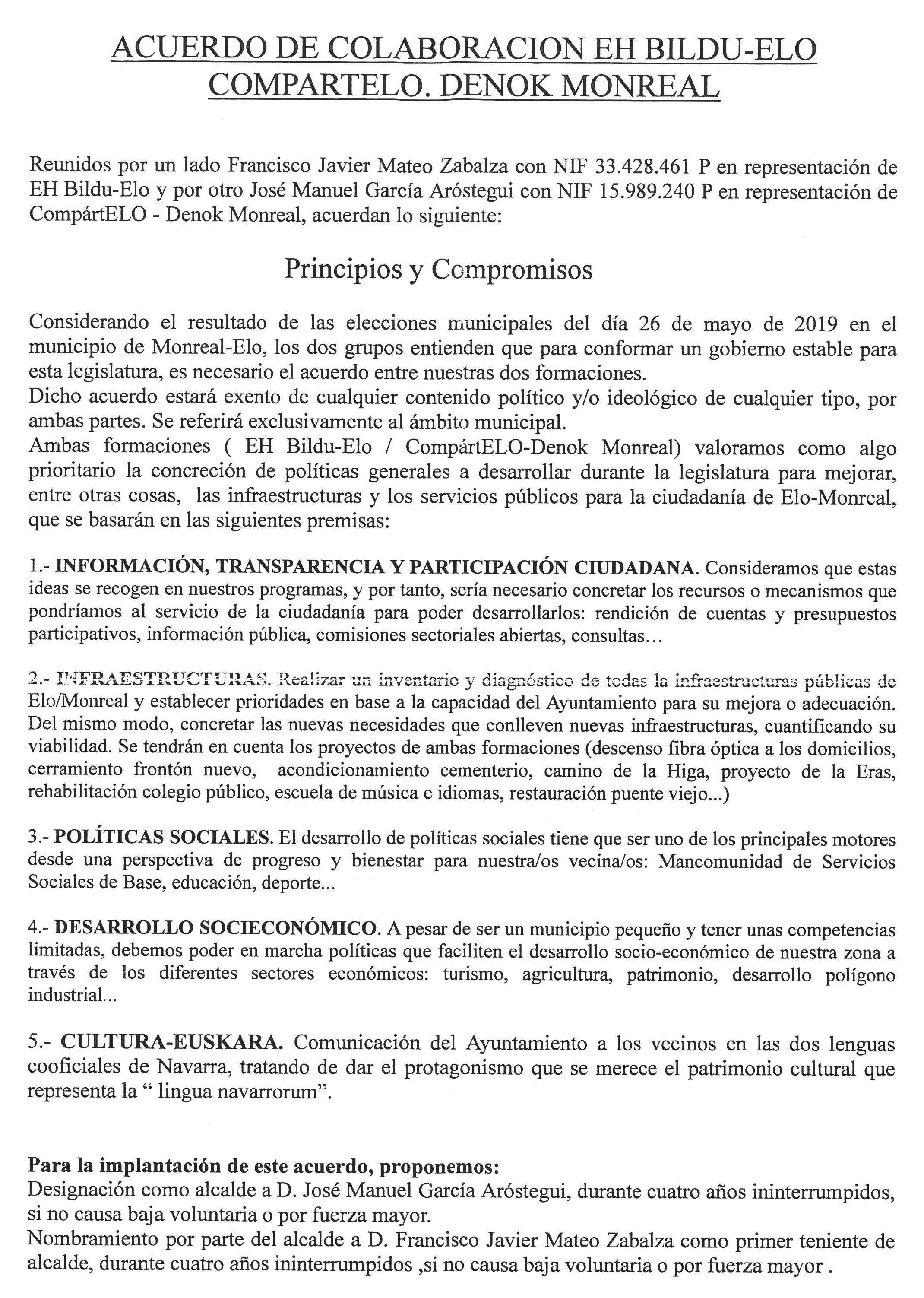 PACTO DE GOBIERNO A LA ALCALDIA DE MONREAL – LEGISLATURA 2019-2023
