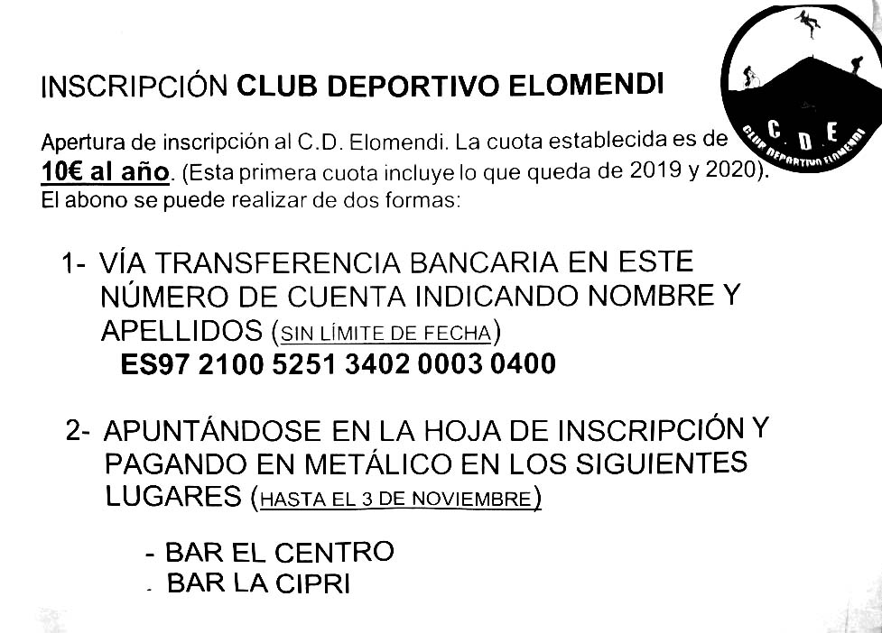 Inscripción Club Deportivo Elomendi / Elomendi Kirol Klubean izena ematea Inscripción Club Deportivo Elomendi / Elomendi Kirol Klubean izena ematea