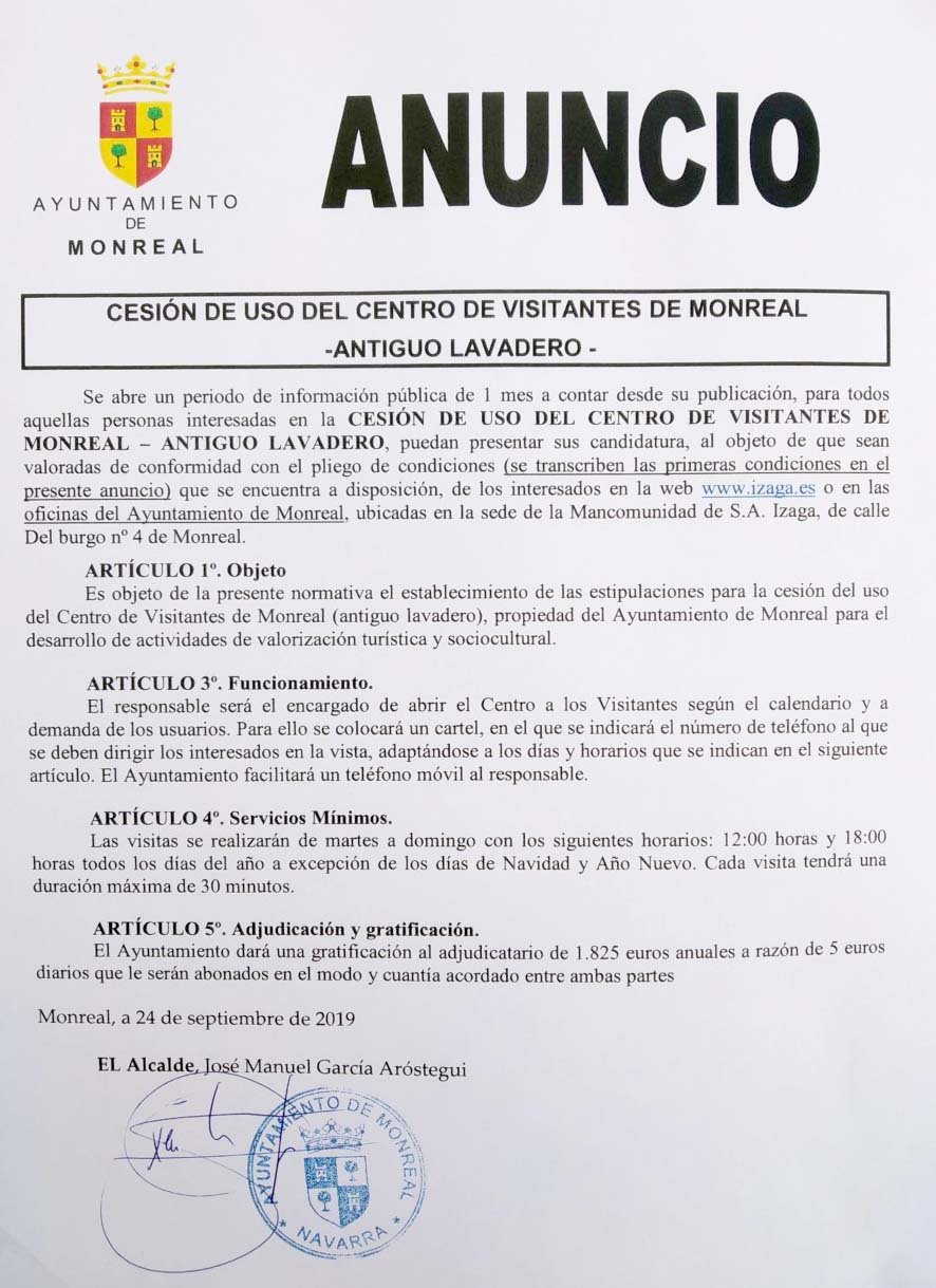 Cesion de uso del centro de visitantes de Monreal/Monreal bisitari zentroaren erabileraren transferentzia Cesion de uso del centro de visitantes de Monreal/Monreal bisitari zentroaren erabileraren transferentzia