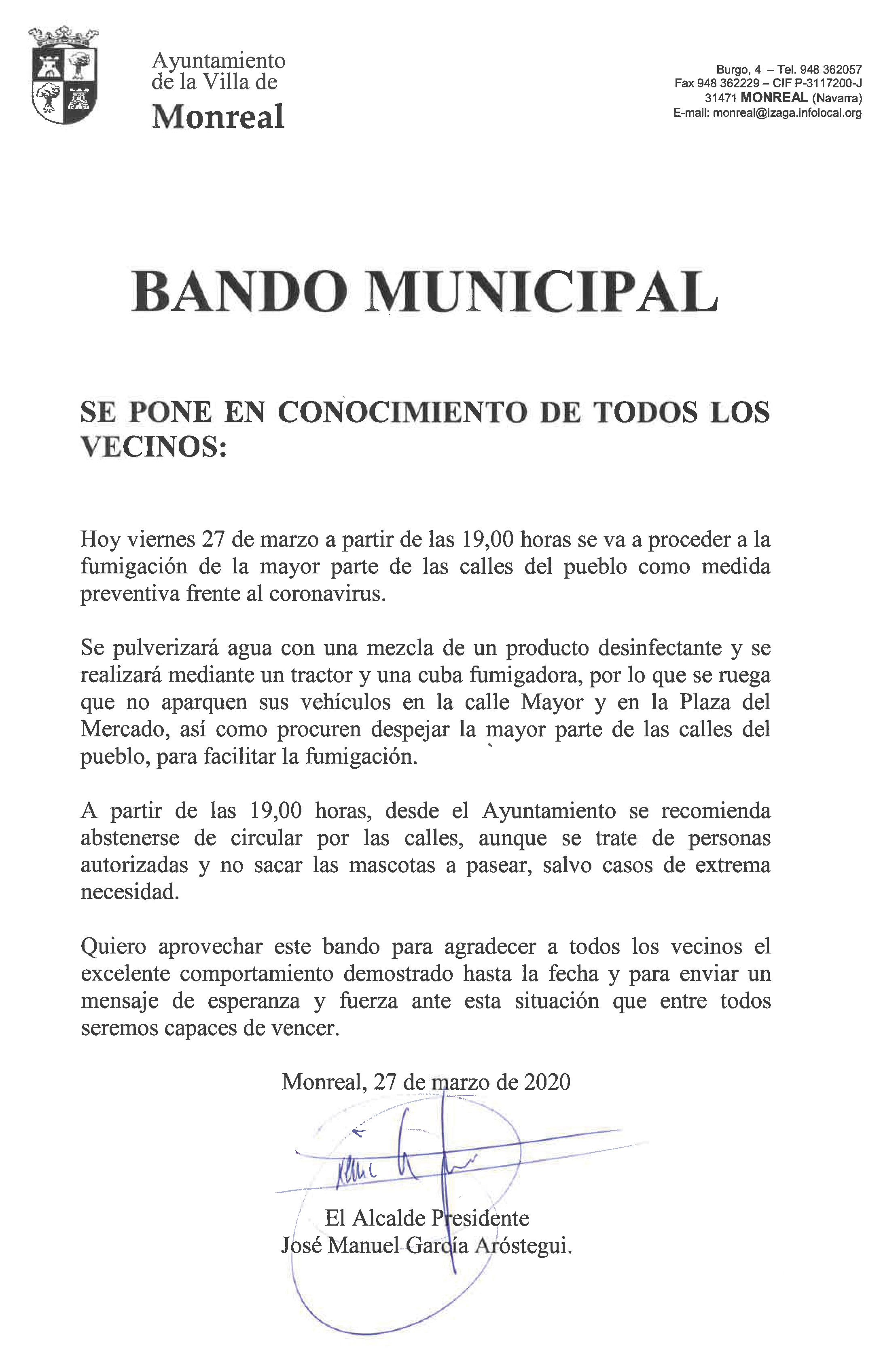 BANDO MUNICIPAL SE PONE EN CONOCIMIENTO DE TODOS LOS VECINOS: